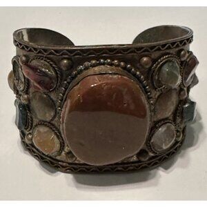 Vintage Silver Copper Tone  Gem Stone Cuff Bracelet Tibetan Healing Boho